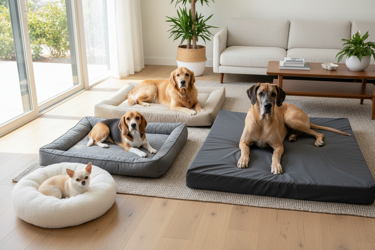 Dogs of all sizes resting on cozy premium dog beds - best dog beds for every breed guide