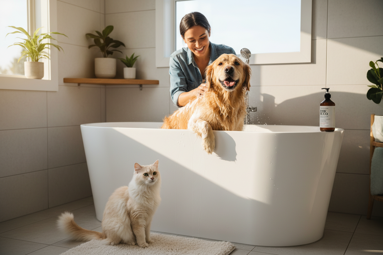 Person bathing a happy dog in a tub with a calm cat watching nearby