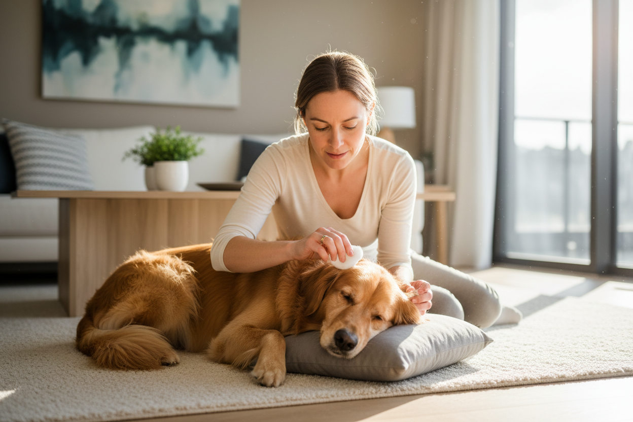 Pet owner gently cleaning a dog's ear at home with a cotton ball