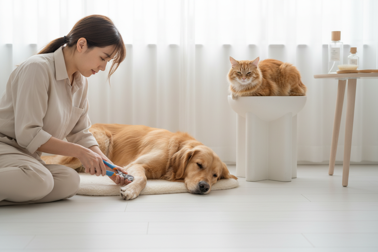 Person gently trimming a dog's nails with a calm cat nearby