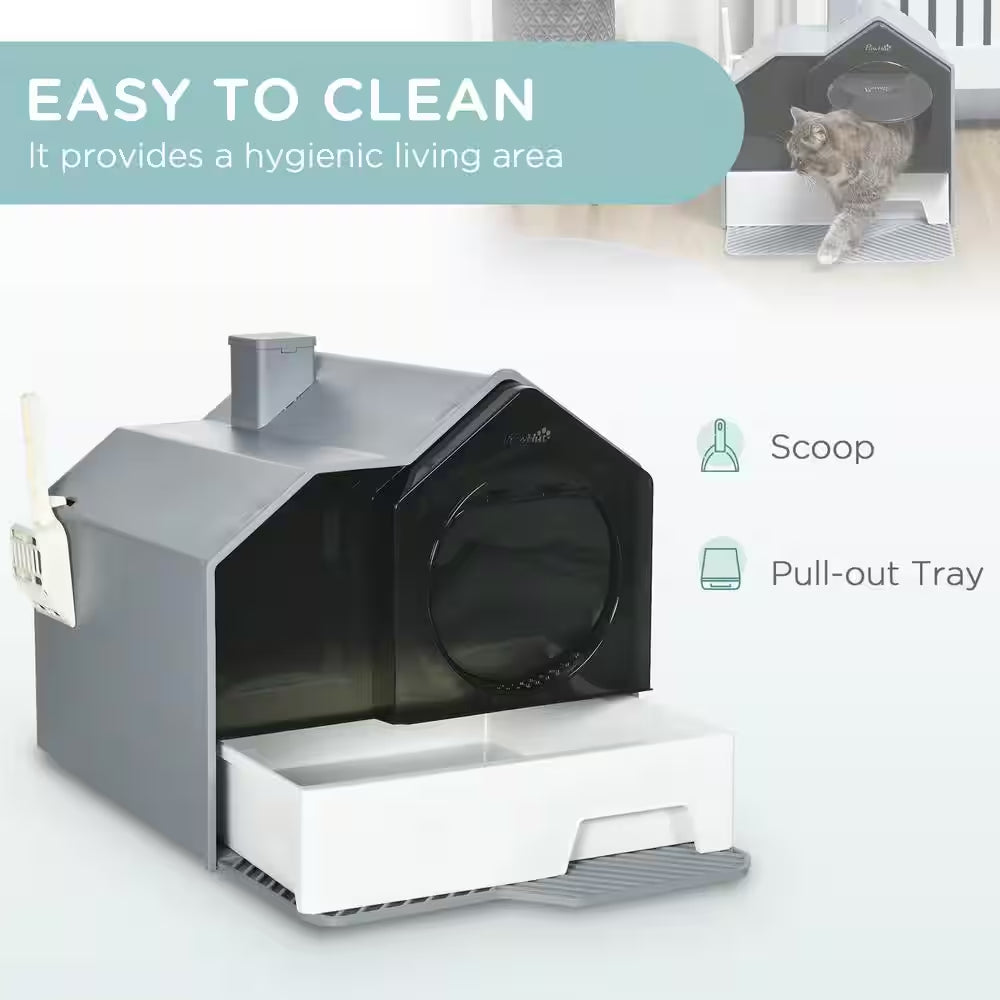 Hooded Cat Litter Box, Kitty Litter Pan with Litter Particle Catching, Drawer Type Pan, Scoop, Odor Control, Gray