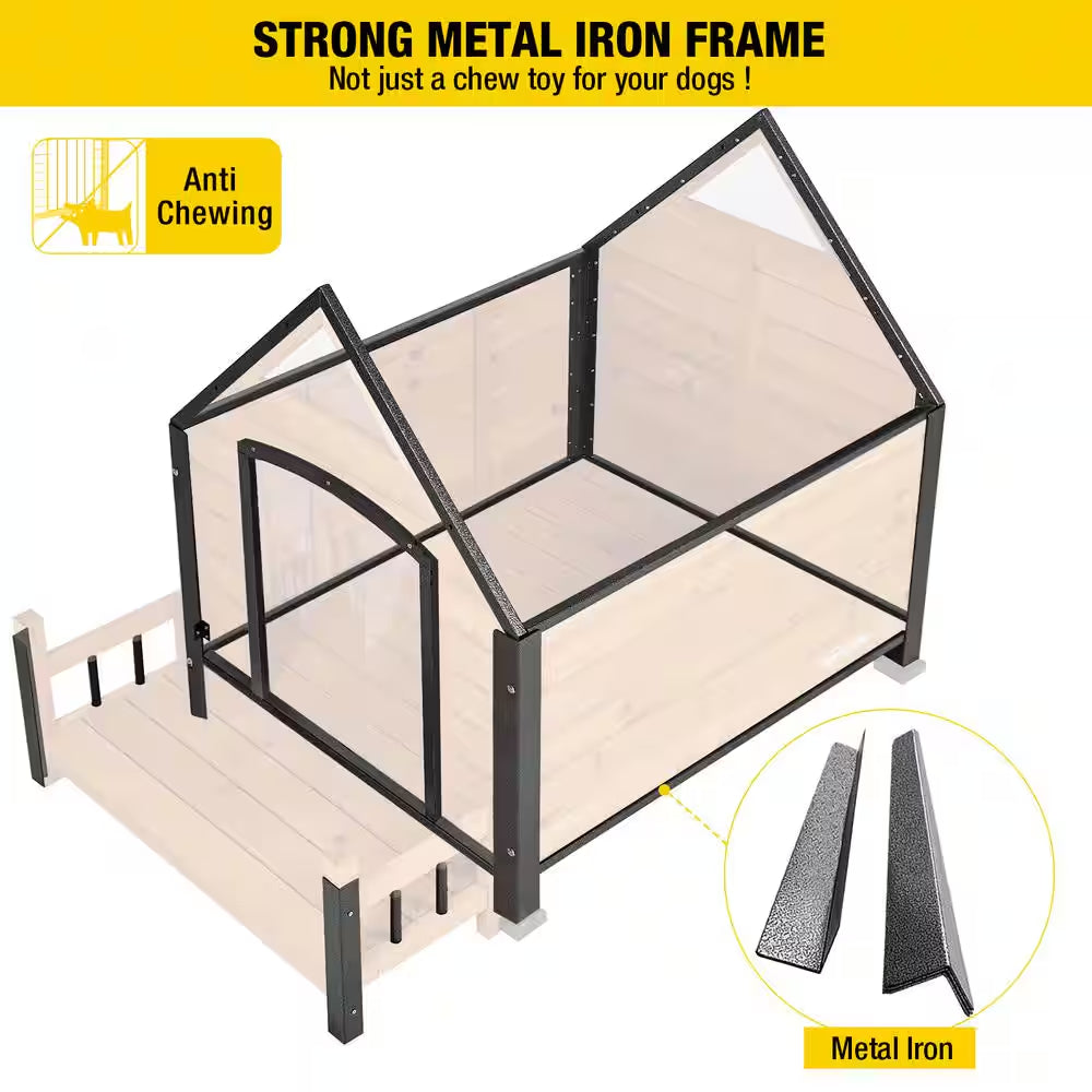 Outdoor Dog House with Porch Strong Iron Frame, Brown