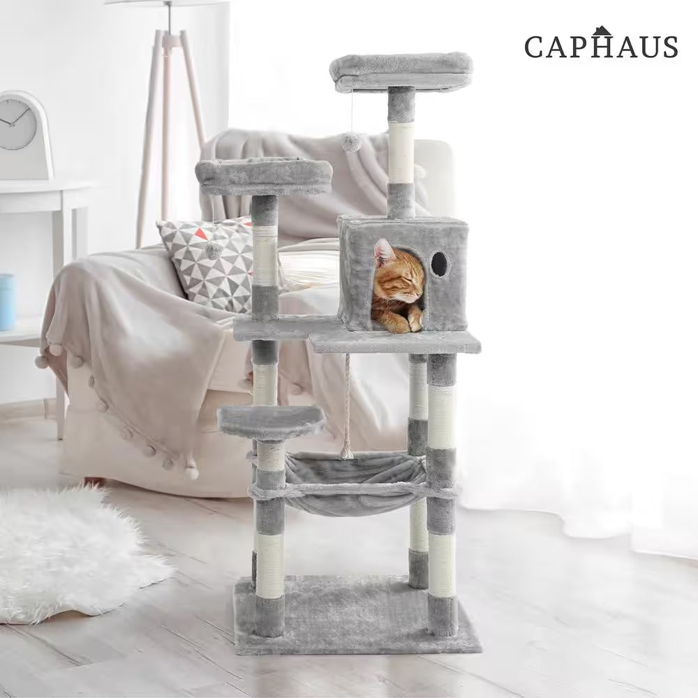 58 In. Light Grey Cat Tower for Indoor Cats, Multi-Level Cat Activity Tree with Scratching Posts, Basket, Cave Condo