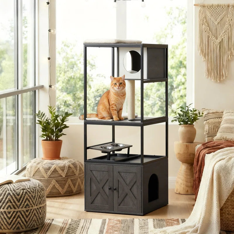 Kimmel 58" Cat Condo with Litter Box Enclosure and Elevated Bowls