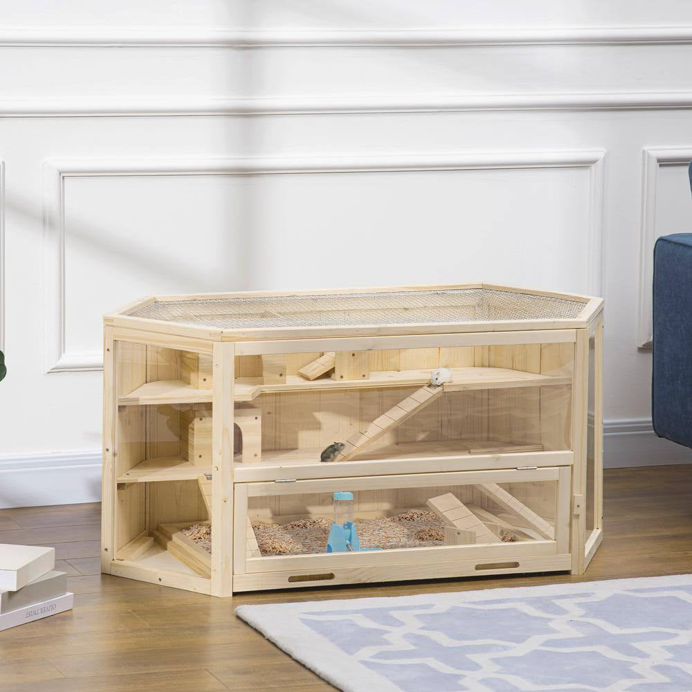 3 Tier Wooden Large Hamster Cage Small Animal House with Slide and Activity Center