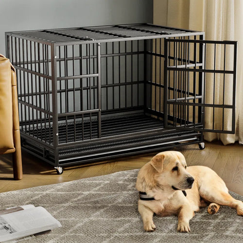 Adrihana Heavy Duty Dog Crate Cage with Lockable Wheels, Large Dog Kennel Indoor with Removable Tray