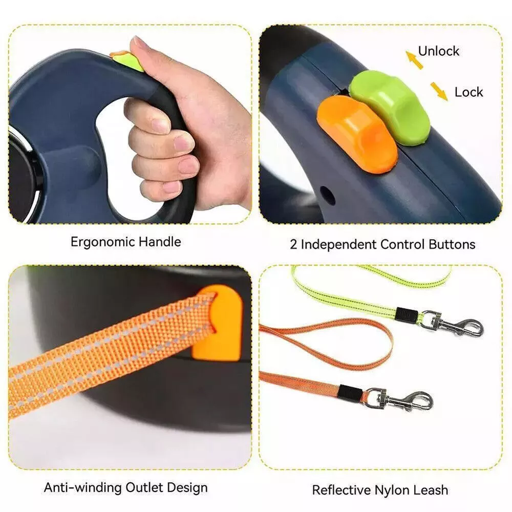 Dual Pet Leash Retractable Reflective Lead 360 Swivel Double Dog Walking Leash