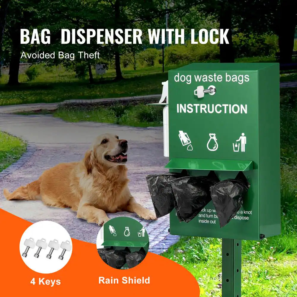 Dog Poop Bag Dispenser with Hand Wash Bottle, Lockable Outdoor Dog Waste Bag Holder with 600-Waste Bags, Stake, Pole
