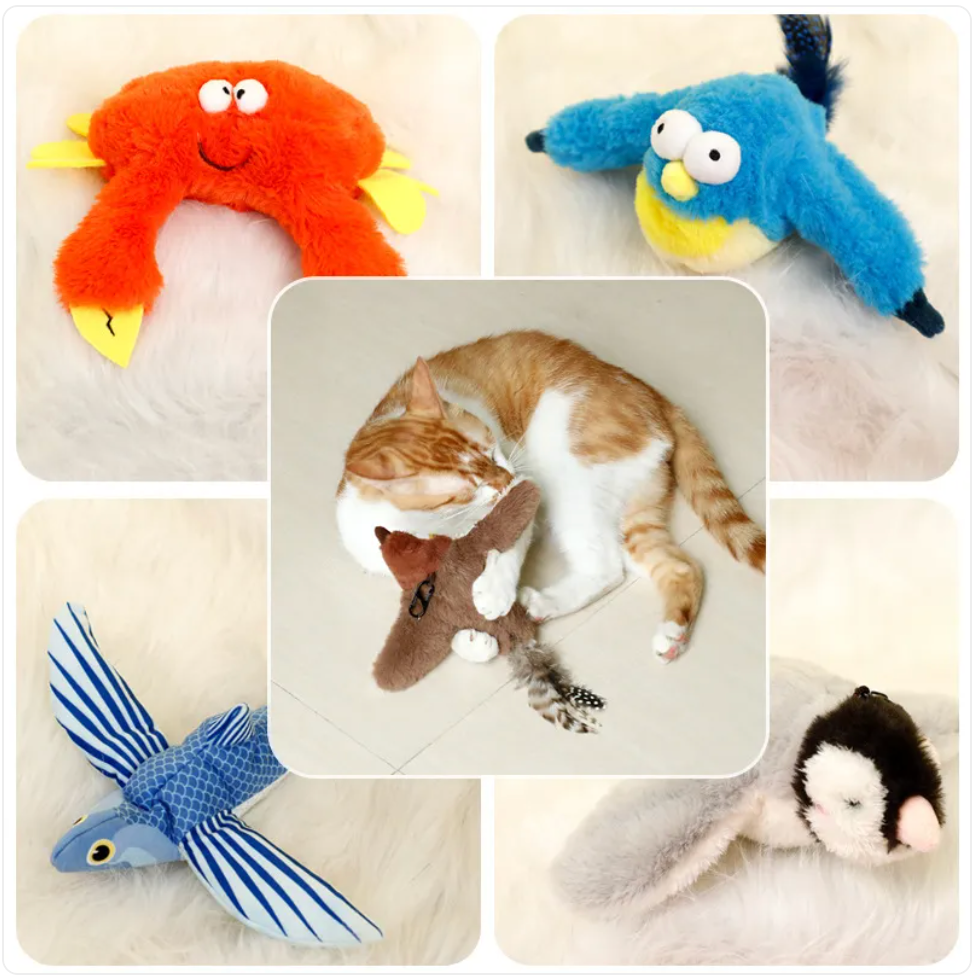 Interactive Plush Pet Toy - Sound & Motion Jumping Fish or Flapping Bird