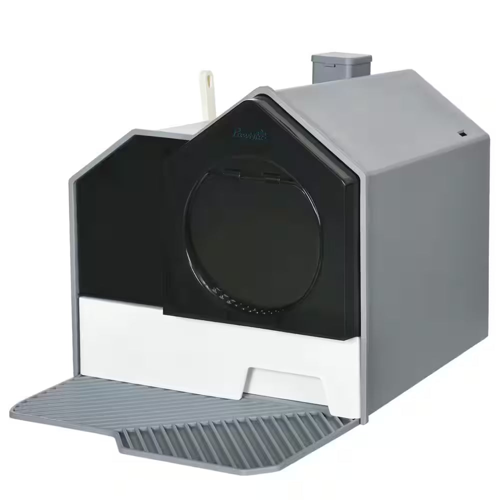 Hooded Cat Litter Box, Kitty Litter Pan with Litter Particle Catching, Drawer Type Pan, Scoop, Odor Control, Gray