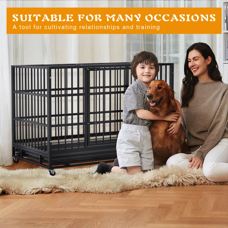 Adrihana Heavy Duty Dog Crate Cage with Lockable Wheels, Large Dog Kennel Indoor with Removable Tray