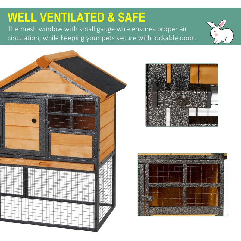 Wood-Metal Pet House Elevated Rabbit Hutch Bunny Cage Small Animal Habitat with Slide-Out Tray Lockable Door Water-Resistant Asphalt Roof for Outdoor 48" X 24.75" X 36.25" Light Yellow