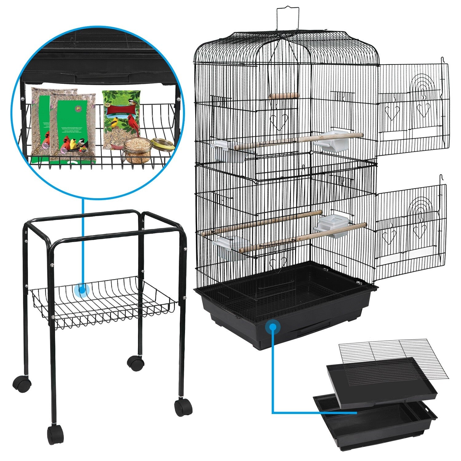 59'' Bird Cage Parakeet Finch Budgie Conure Lovebird House W/ Rolling Stand Tray