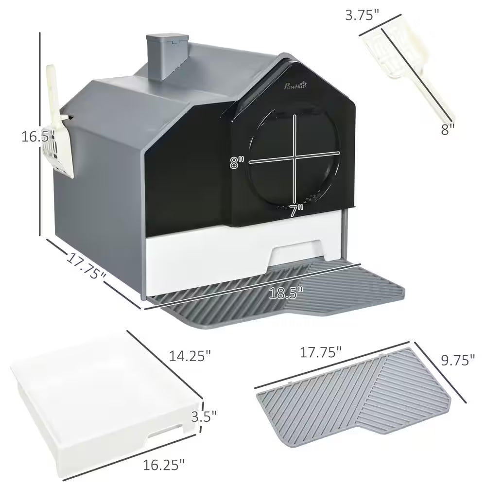Hooded Cat Litter Box, Kitty Litter Pan with Litter Particle Catching, Drawer Type Pan, Scoop, Odor Control, Gray