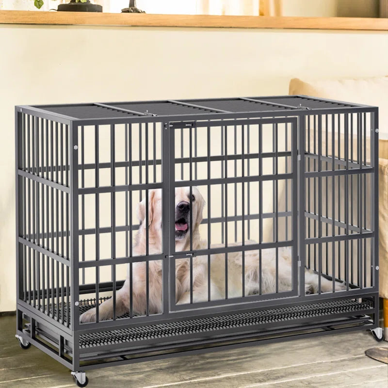 Adrihana Heavy Duty Dog Crate Cage with Lockable Wheels, Large Dog Kennel Indoor with Removable Tray