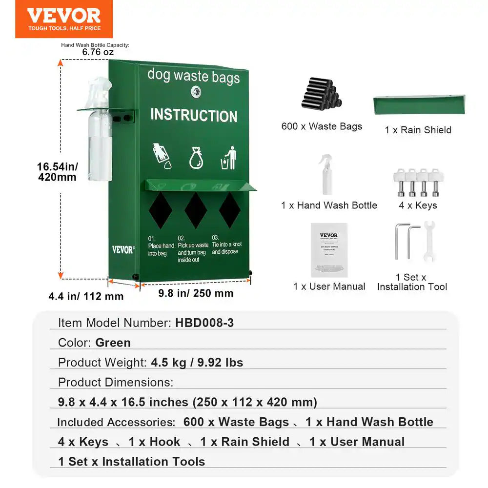 Dog Poop Bag Dispenser with Hand Wash Bottle, Lockable Outdoor Dog Waste Bag Holder with 600-Waste Bags, Stake, Pole