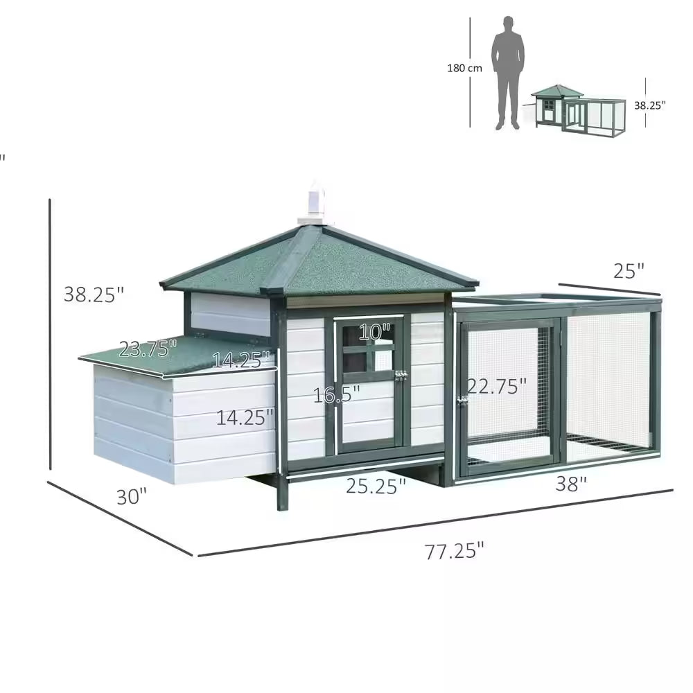 77 In. Green Wooden Chicken Coop 0.00037-Acre In-Ground W/Weatherproof Roof, Poultry Fencing and Removable Tray
