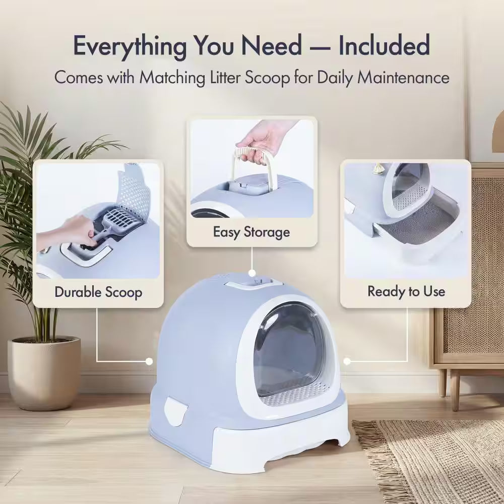 Fully Enclosed Hooded Litter Pan with Front Entry Odor Close Door, Cat Litter Scoop Included