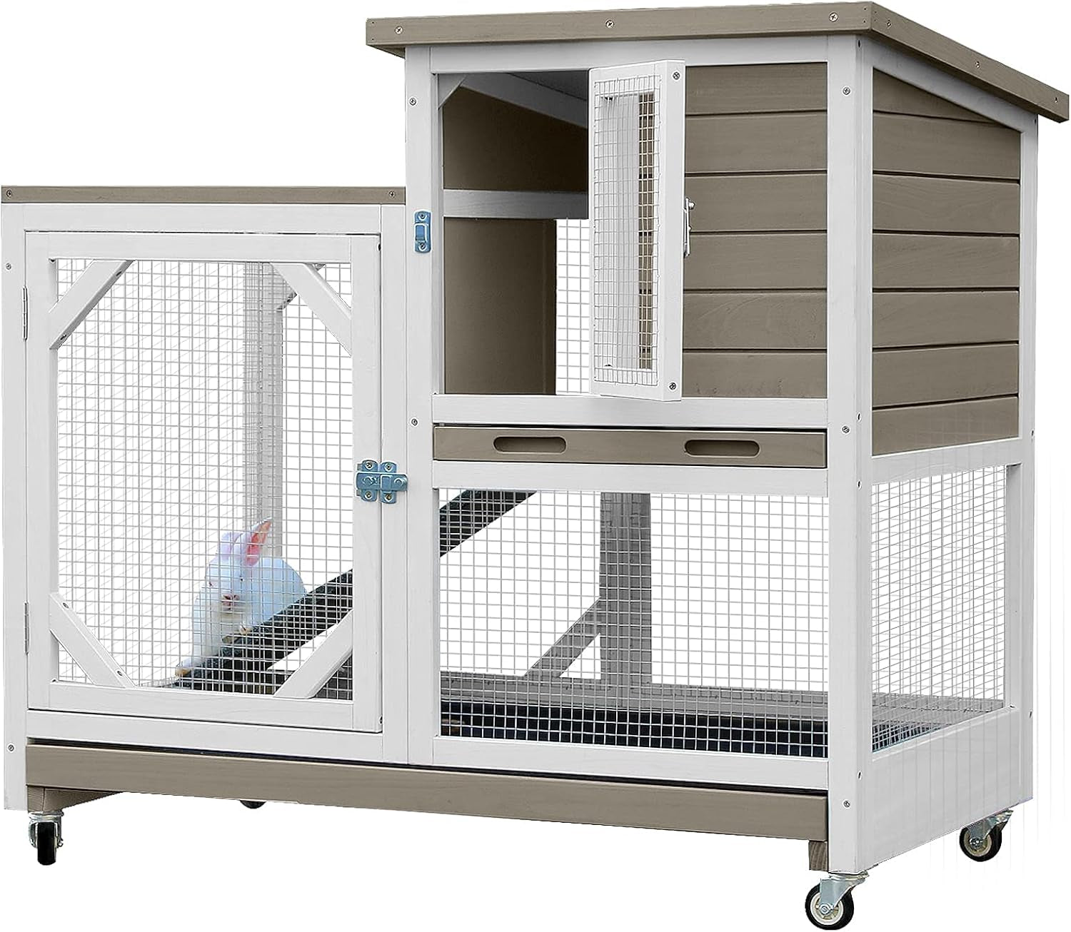 Indoor Rabbit Hutch Large Rabbit Cage, Outdoor Bunny Hutch Guinea Pig Cage - 4 Casters Include (Mocca Color without Bottom Wire Mesh)