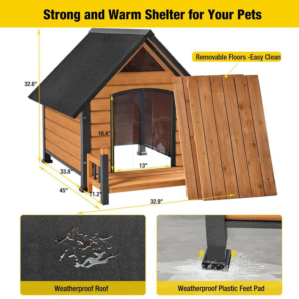 Outdoor Dog House with Porch Strong Iron Frame, Brown