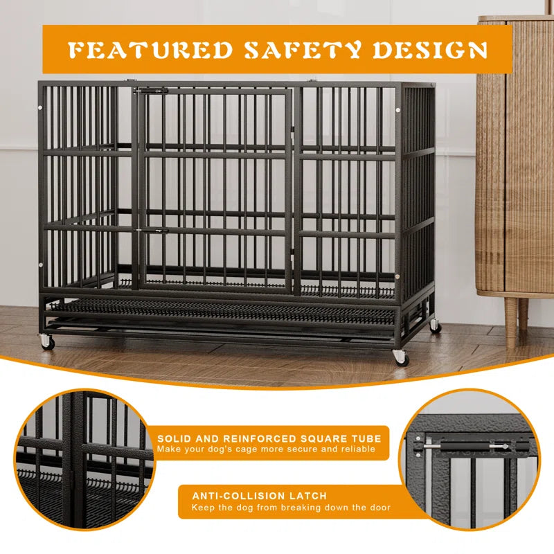 Adrihana Heavy Duty Dog Crate Cage with Lockable Wheels, Large Dog Kennel Indoor with Removable Tray