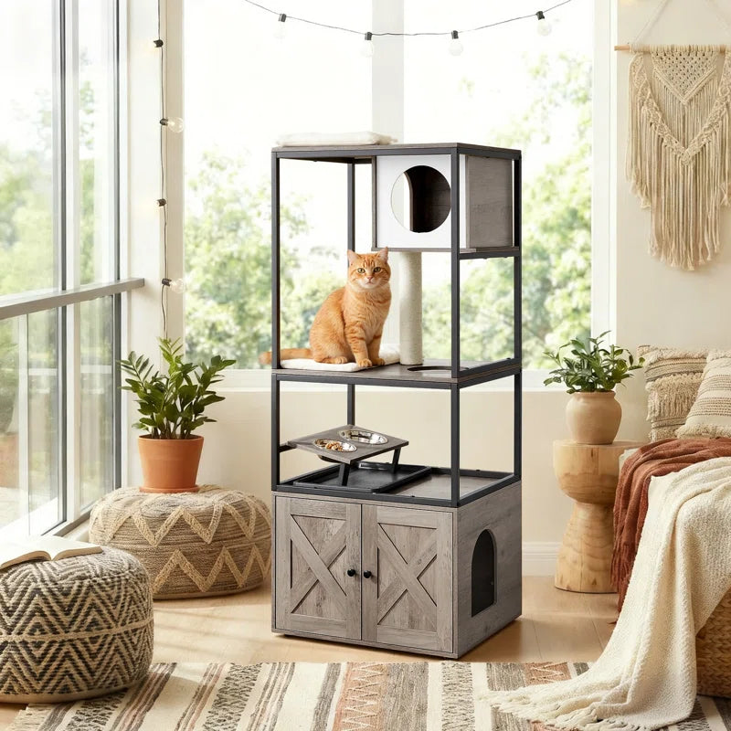 Kimmel 58" Cat Condo with Litter Box Enclosure and Elevated Bowls