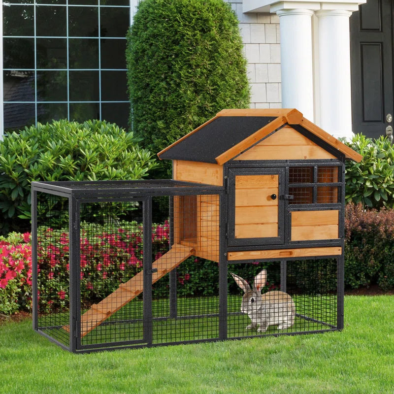 Wood-Metal Pet House Elevated Rabbit Hutch Bunny Cage Small Animal Habitat with Slide-Out Tray Lockable Door Water-Resistant Asphalt Roof for Outdoor 48" X 24.75" X 36.25" Light Yellow