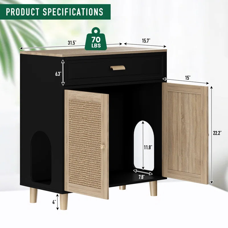 Cat Litter Box Enclosure Wood Cat Crate Furniture with Scratching Pad Doors