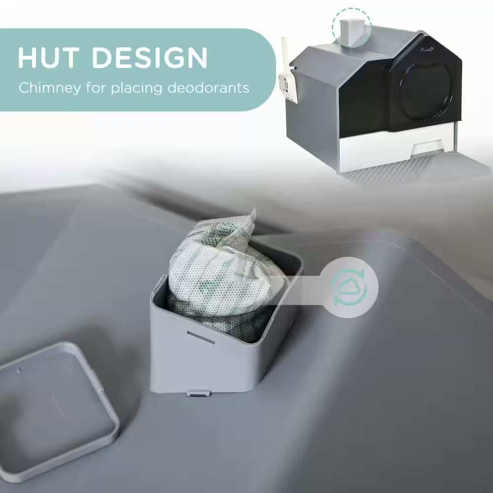 Hooded Cat Litter Box, Kitty Litter Pan with Litter Particle Catching, Drawer Type Pan, Scoop, Odor Control, Gray