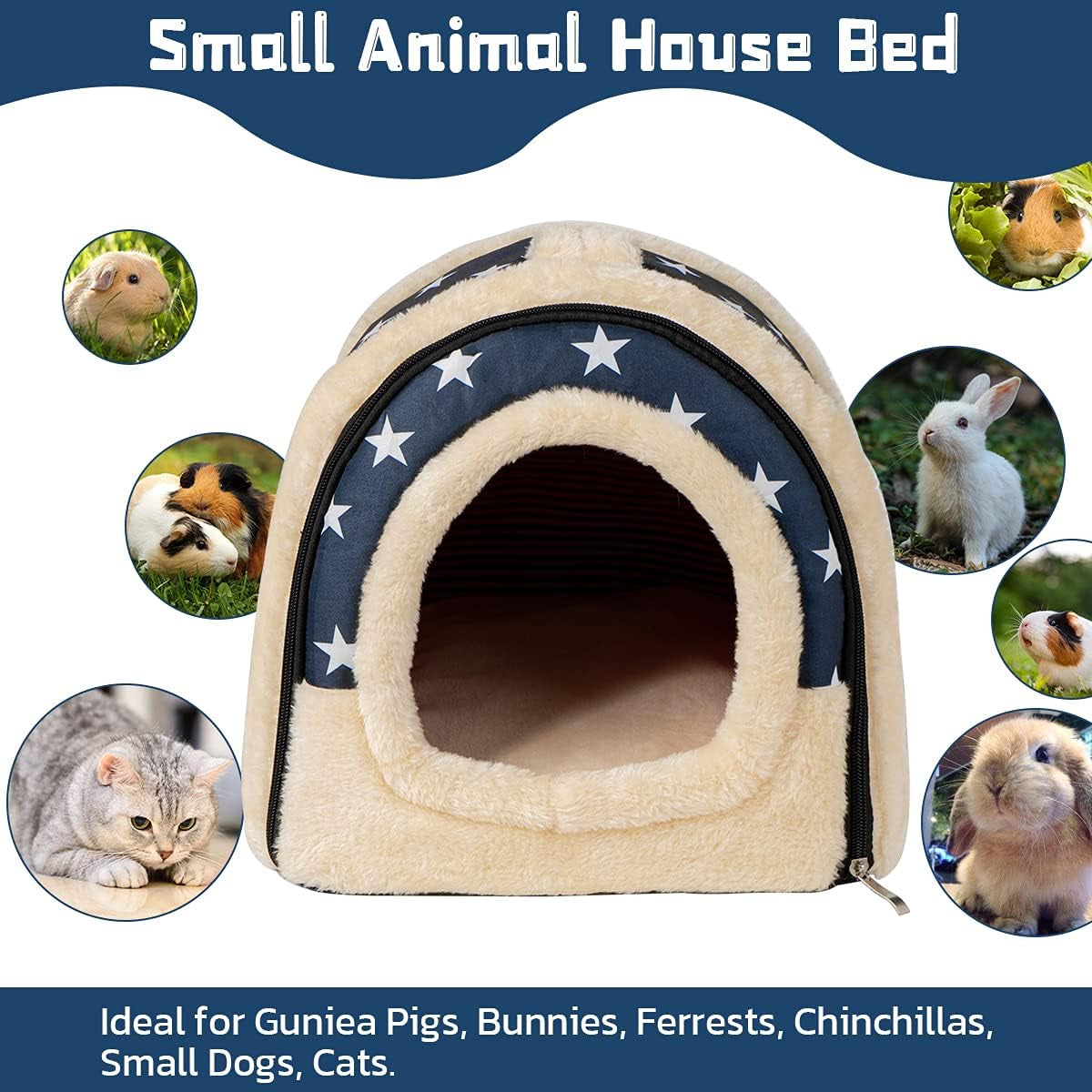 Guinea Pig & Rabbit Cozy Hideout House - Small Animal Bed for Guinea Pigs, Rabbits, Hamsters, Rats & Chinchillas Cave Bed (Stars)