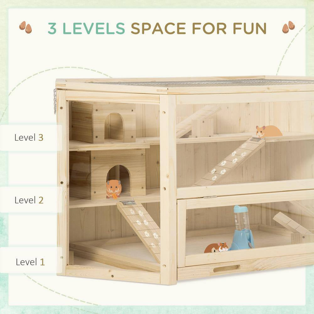3 Tier Wooden Large Hamster Cage Small Animal House with Slide and Activity Center