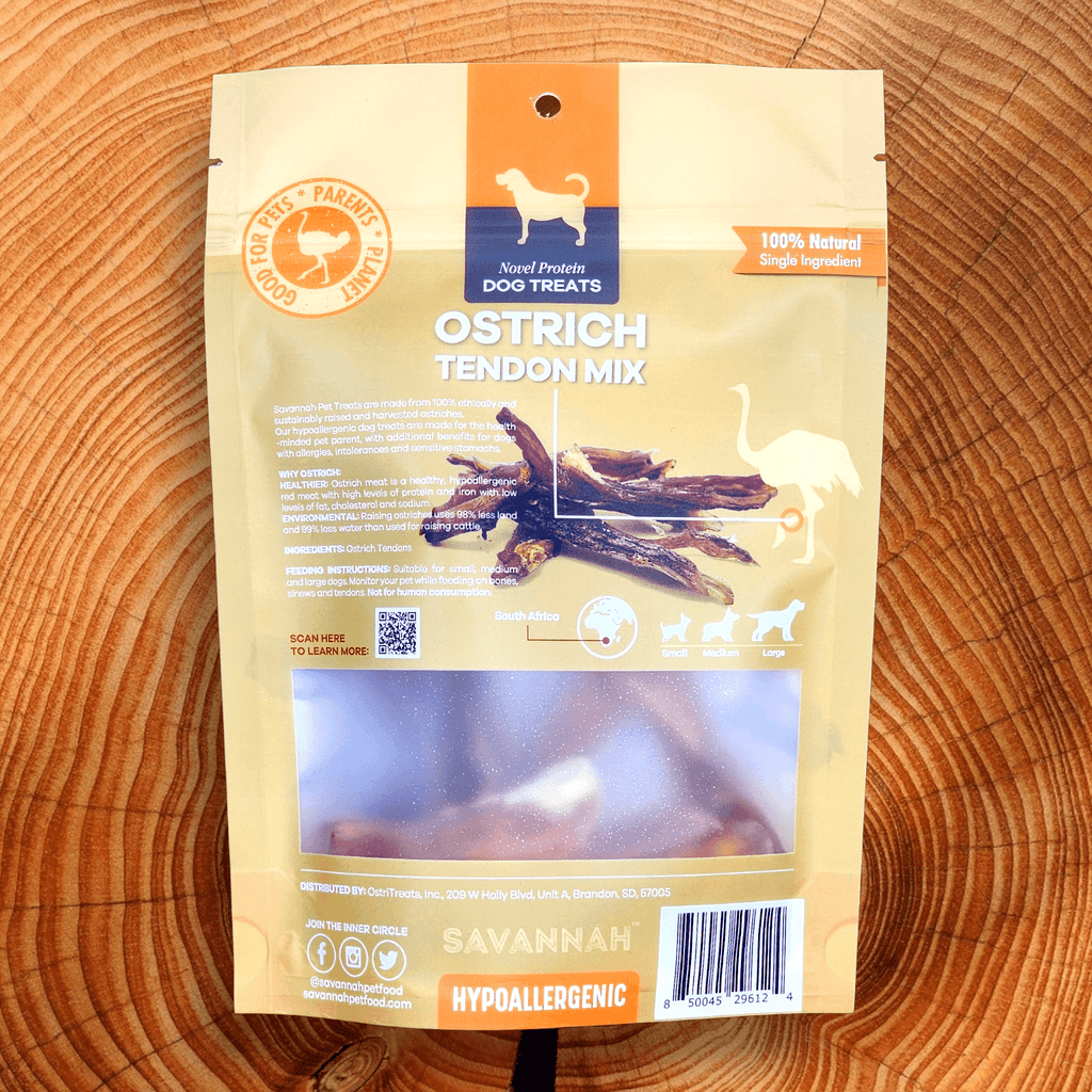 Savannah Chewy Ostrich Tendon Mix (3oz): The Protein-Packed, Hypoallergenic Chew for All Dogs