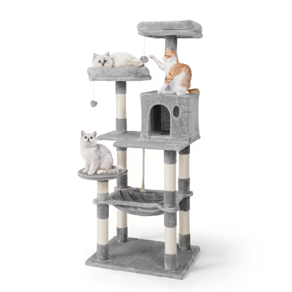 58 In. Light Grey Cat Tower for Indoor Cats, Multi-Level Cat Activity Tree with Scratching Posts, Basket, Cave Condo