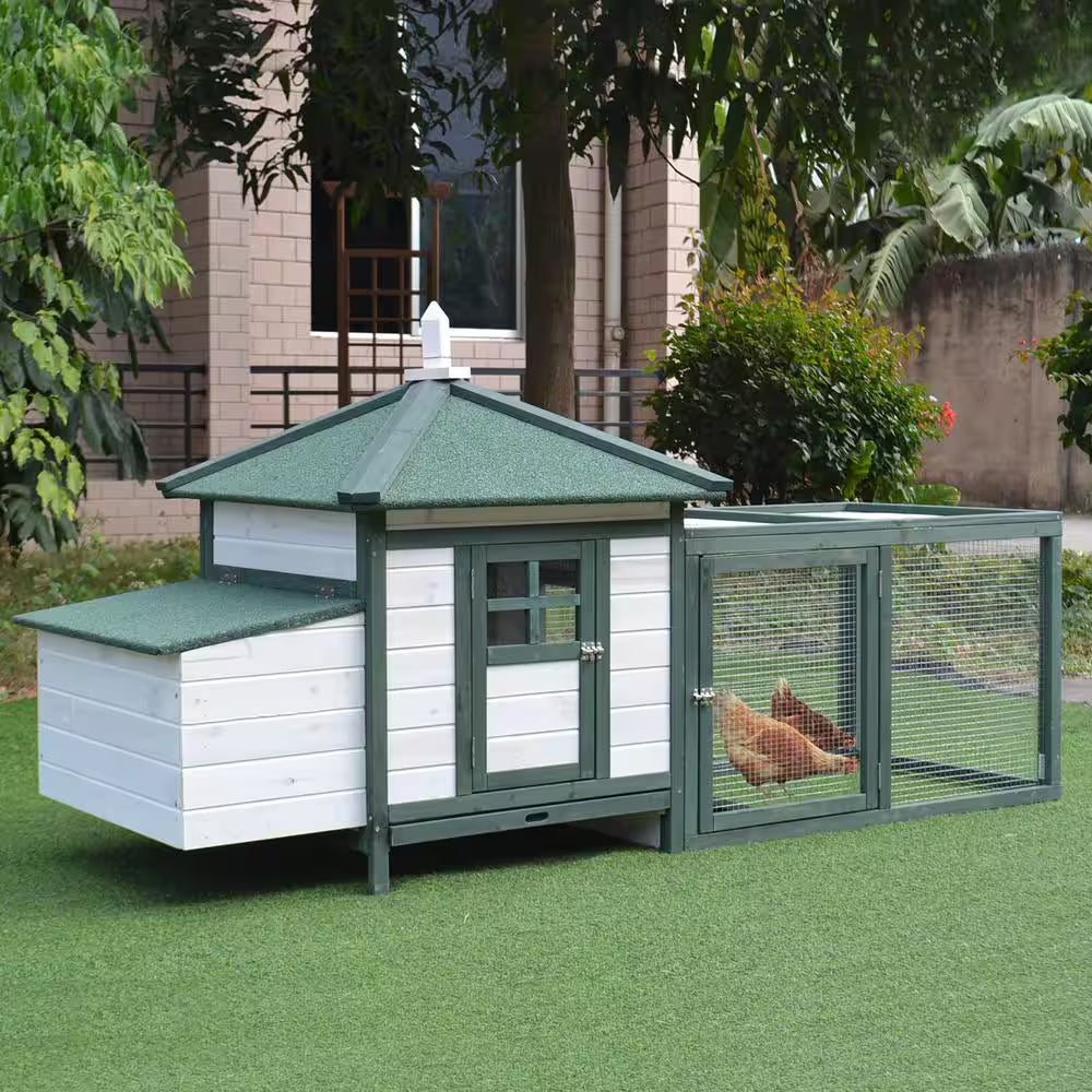 77 In. Green Wooden Chicken Coop 0.00037-Acre In-Ground W/Weatherproof Roof, Poultry Fencing and Removable Tray