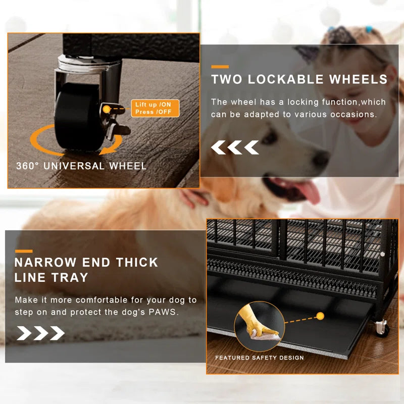 Adrihana Heavy Duty Dog Crate Cage with Lockable Wheels, Large Dog Kennel Indoor with Removable Tray