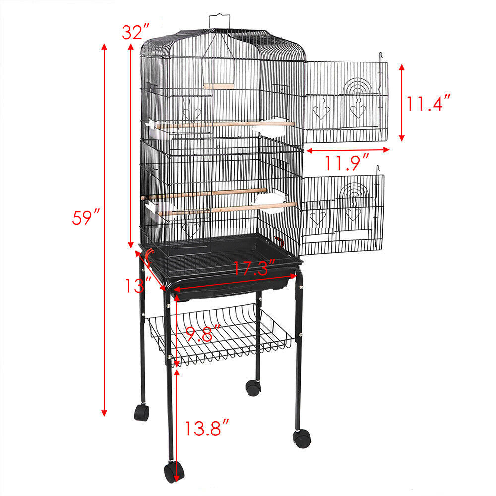 59'' Bird Cage Parakeet Finch Budgie Conure Lovebird House W/ Rolling Stand Tray