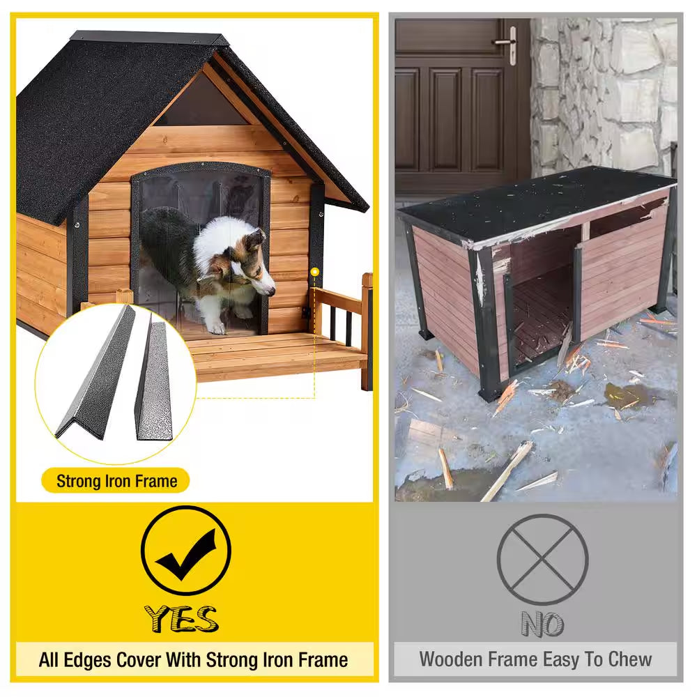 Outdoor Dog House with Porch Strong Iron Frame, Brown