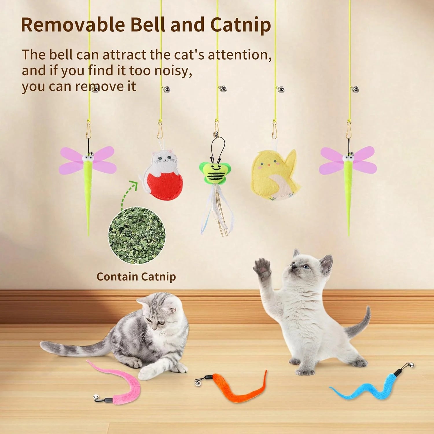 Interactive Cat Toys, 1 Interactive Wand, 8 Assorted Teaser Refills and 3 Indoor Cat Hanging Interactive Toy Suitable for Bored Adult Cats and Kittens Play Chase Exercise