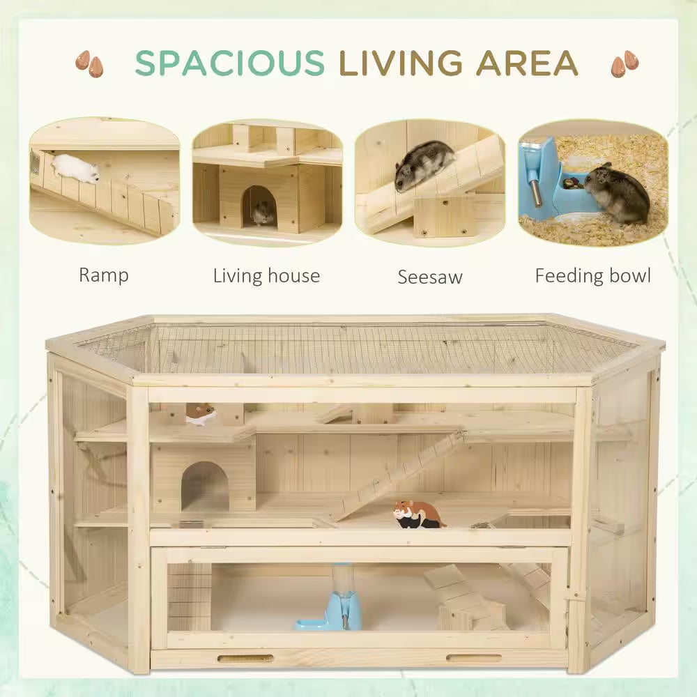 3 Tier Wooden Large Hamster Cage Small Animal House with Slide and Activity Center