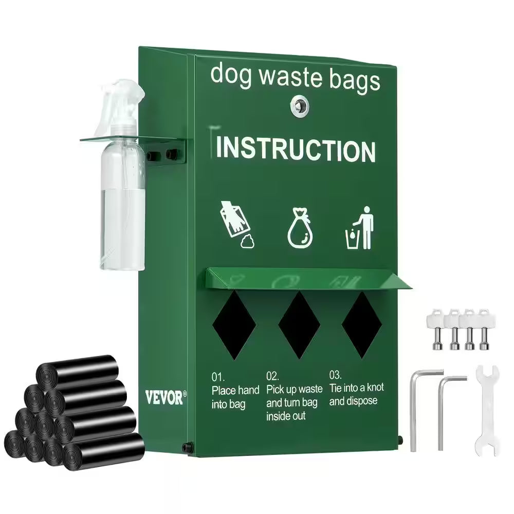Dog Poop Bag Dispenser with Hand Wash Bottle, Lockable Outdoor Dog Waste Bag Holder with 600-Waste Bags, Stake, Pole