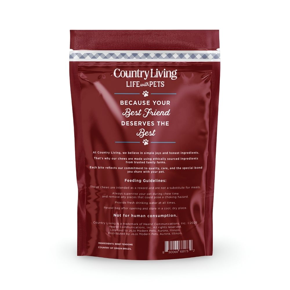 Country Living 4”-7” Beef Backstrap Tendon Dog Chews – 5 Count Bag – All-Natural, Long-Lasting, High-Protein Dog Treats –