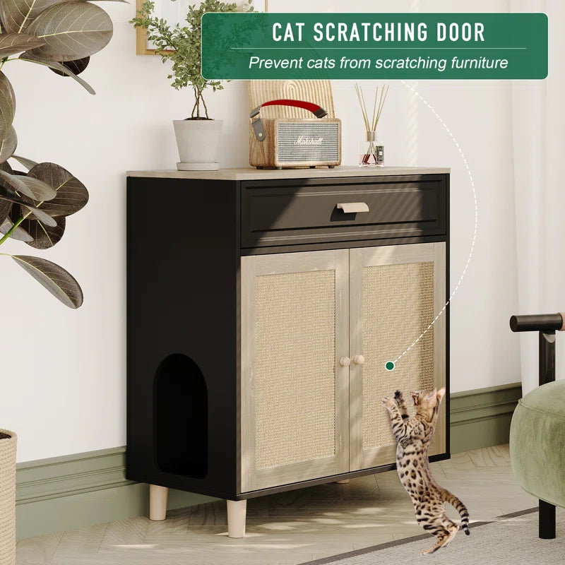 Cat Litter Box Enclosure Wood Cat Crate Furniture with Scratching Pad Doors