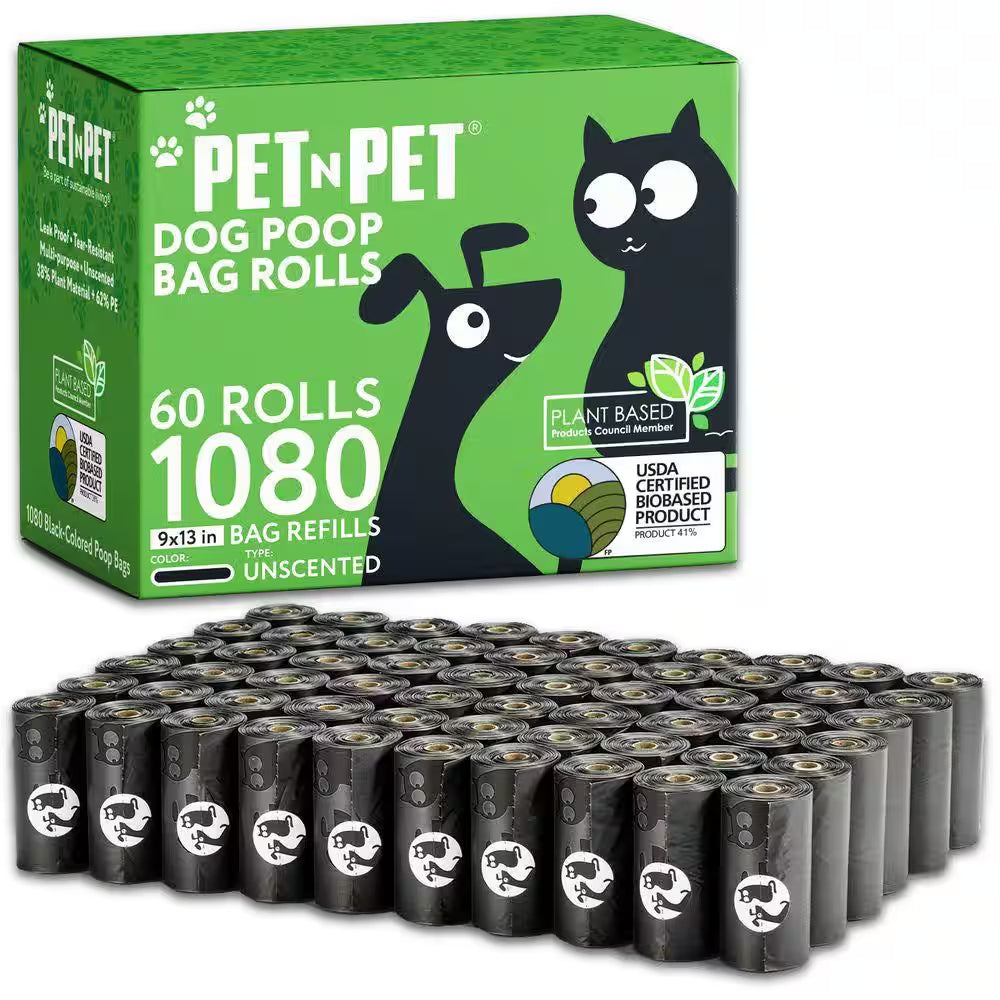 Dog Waste Bags USDA Certified 41% Plant Based and 59% PE, 1080 Leak-Proof, Extra Thick Large Dog Poop Bag Rolls - Black