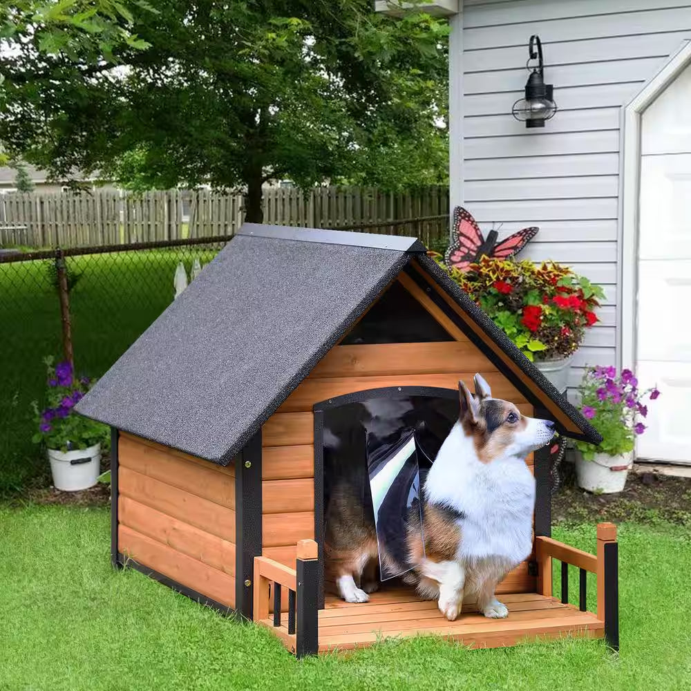 Outdoor Dog House with Porch Strong Iron Frame, Brown