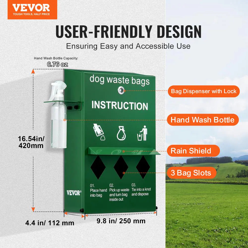 Dog Poop Bag Dispenser with Hand Wash Bottle, Lockable Outdoor Dog Waste Bag Holder with 600-Waste Bags, Stake, Pole