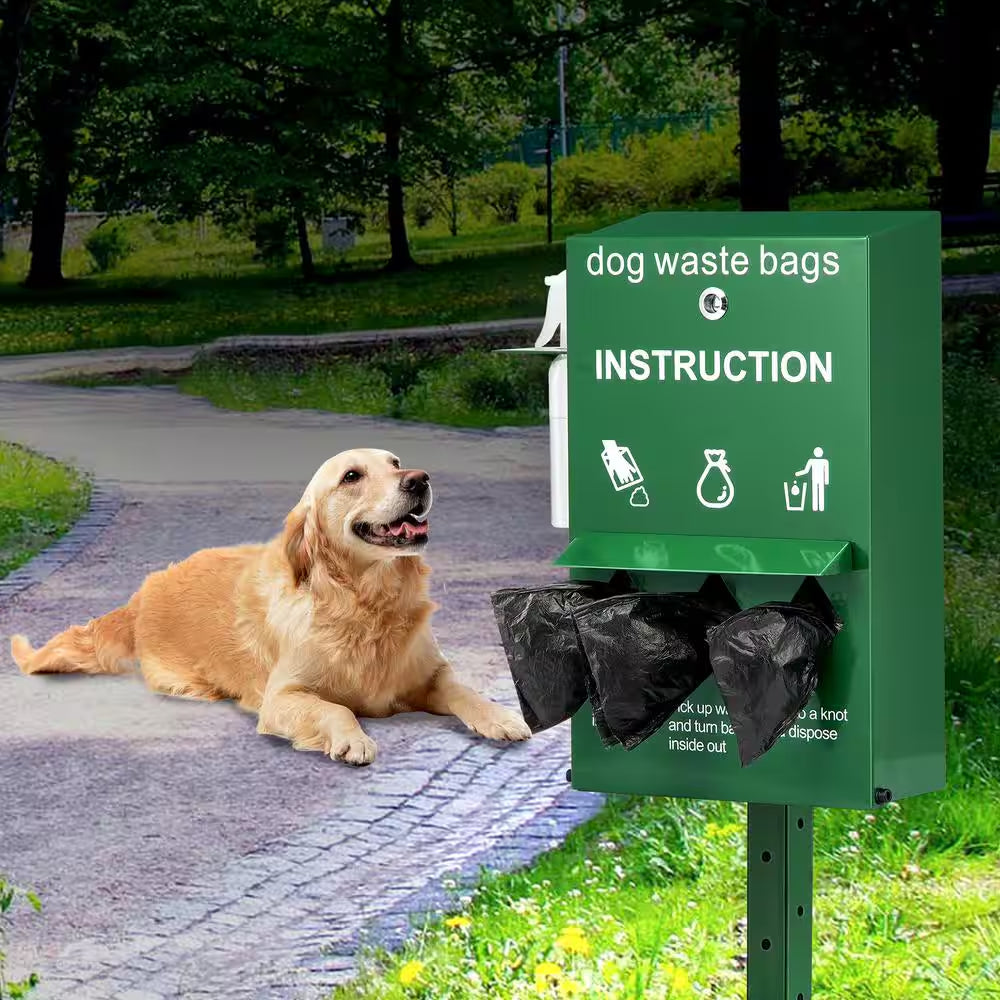 Dog Poop Bag Dispenser with Hand Wash Bottle, Lockable Outdoor Dog Waste Bag Holder with 600-Waste Bags, Stake, Pole