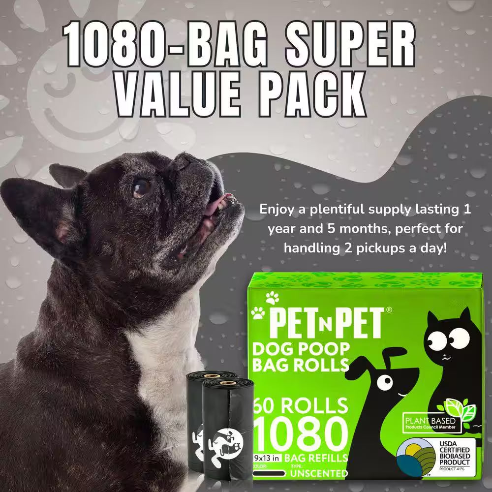 Dog Waste Bags USDA Certified 41% Plant Based and 59% PE, 1080 Leak-Proof, Extra Thick Large Dog Poop Bag Rolls - Black