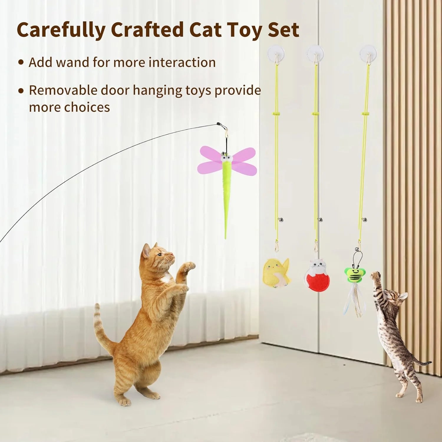 Interactive Cat Toys, 1 Interactive Wand, 8 Assorted Teaser Refills and 3 Indoor Cat Hanging Interactive Toy Suitable for Bored Adult Cats and Kittens Play Chase Exercise