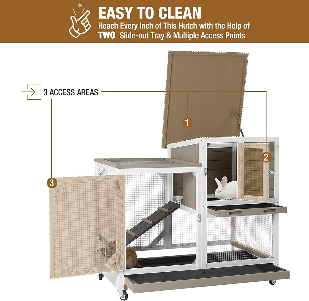 Indoor Rabbit Hutch Large Rabbit Cage, Outdoor Bunny Hutch Guinea Pig Cage - 4 Casters Include (Mocca Color without Bottom Wire Mesh)