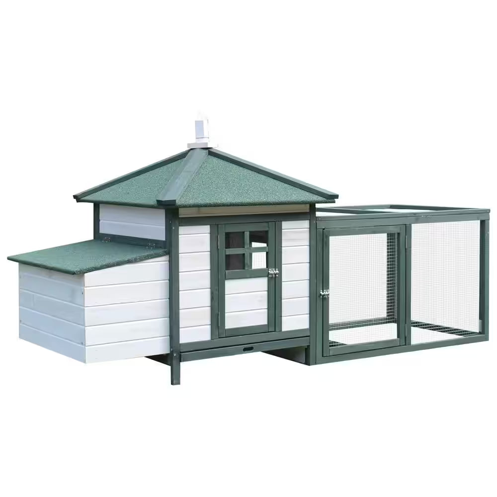 77 In. Green Wooden Chicken Coop 0.00037-Acre In-Ground W/Weatherproof Roof, Poultry Fencing and Removable Tray
